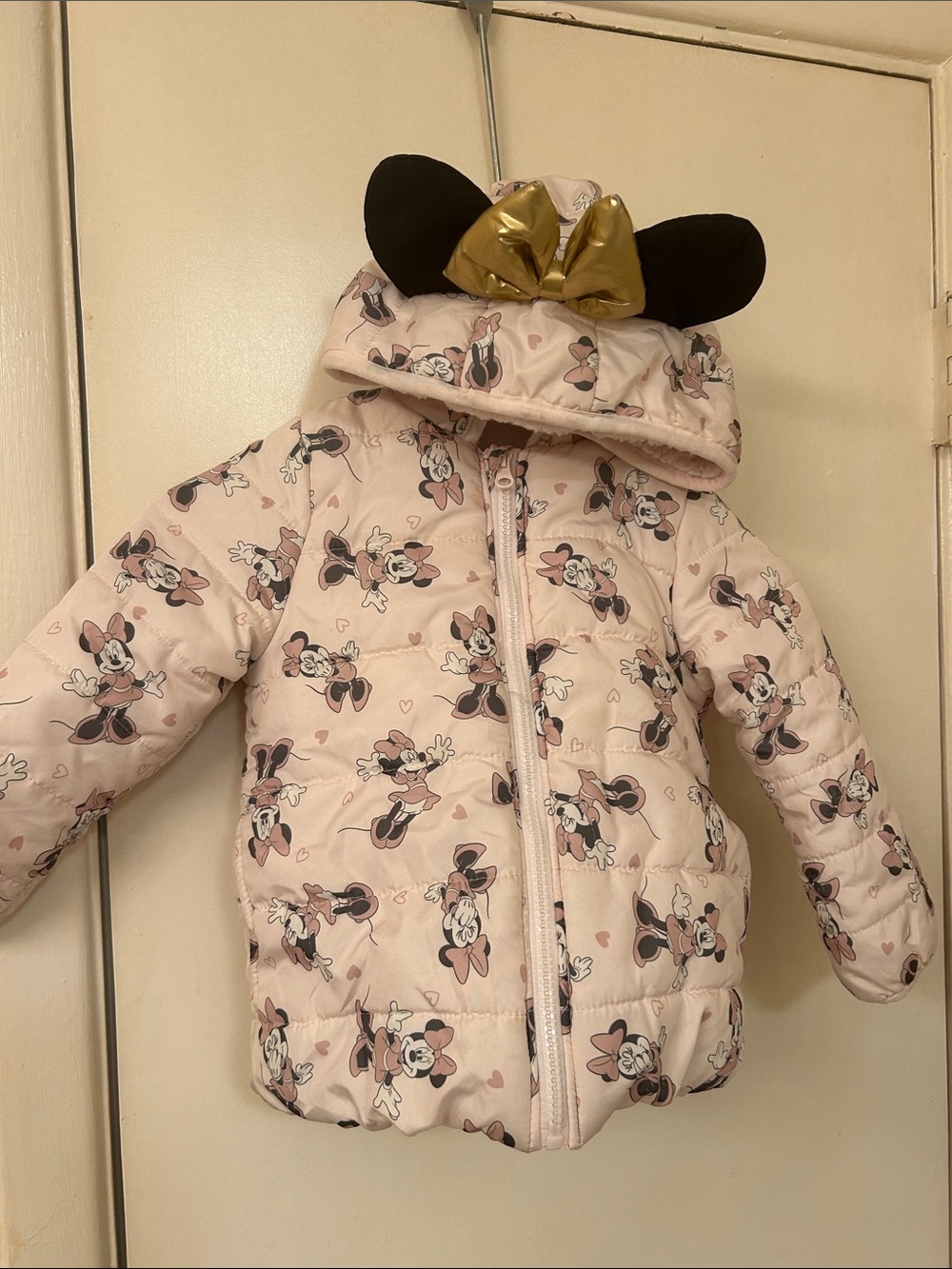 Kids Pink Minnie Mouse Hooded Puffer Jacket with Gold Bow